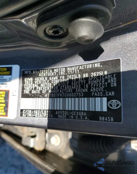 2012 Toyota Camry Hybrid from USA, damaged, VIN 4T1BD1FK7CU002753